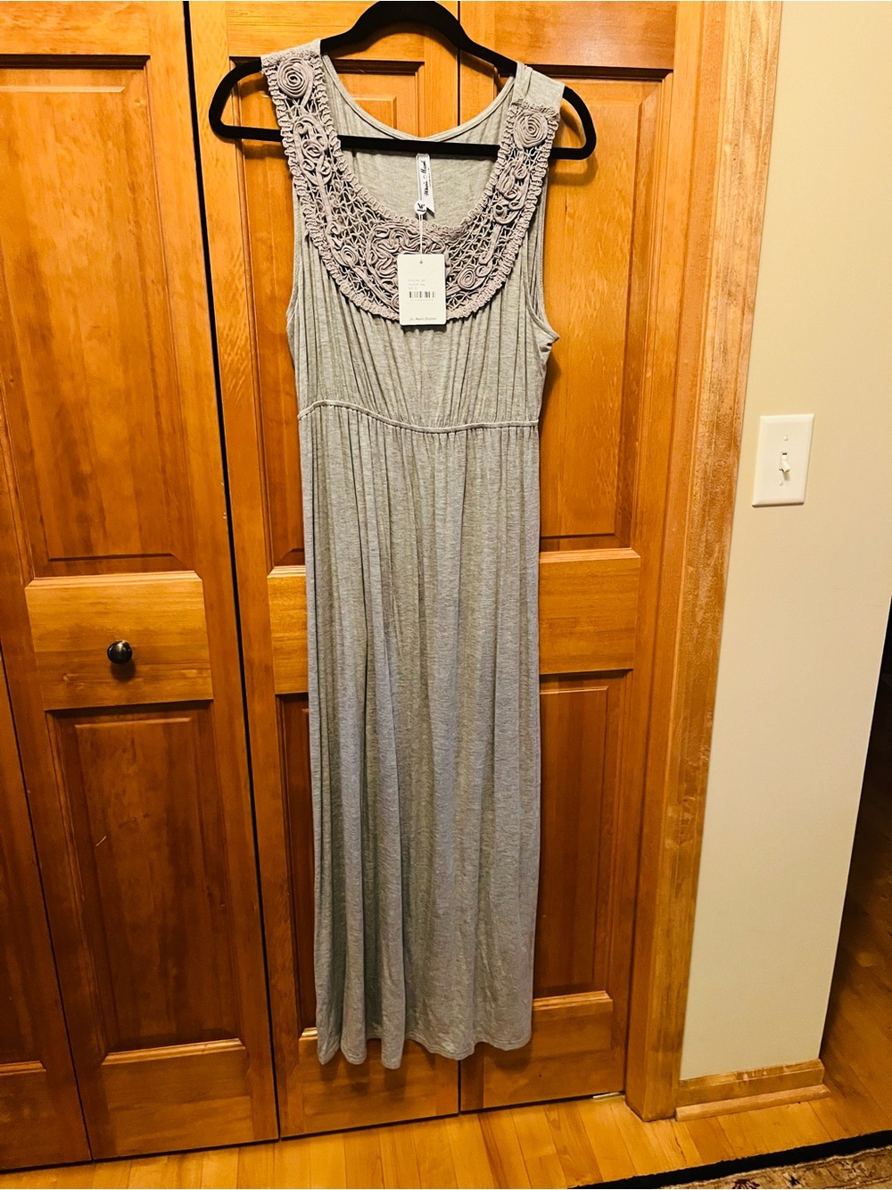 Mimi Maternity Light Gray Sleeveless Crochet Yoke Maxi Dress